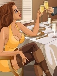 futa prostitute seduces a man in a restaurant